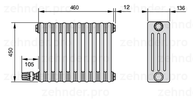 Схема (чертеж) Радиатор Zehnder Charleston 4045/10 №V004 Белый глянцевый RAL 9016